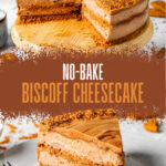 A slice of no-bake Biscoff cheesecake on plate