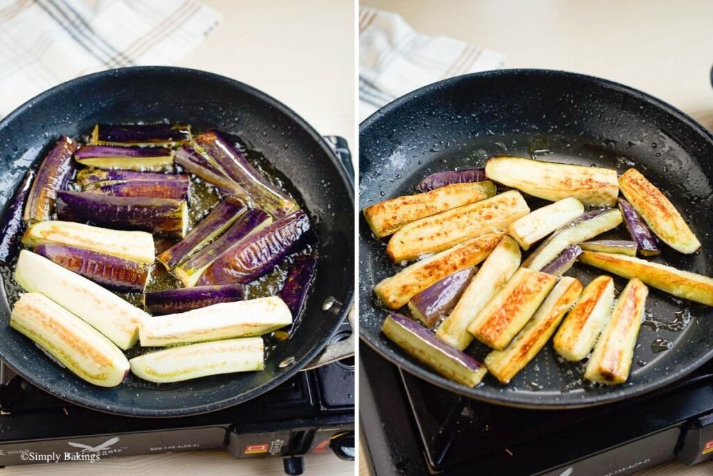 Eggplant slices being cooked in a pan