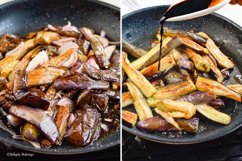 A pan with the mixture of eggplant and ingredients