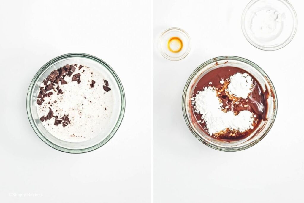 Melting pieces of dark chocolate with cream