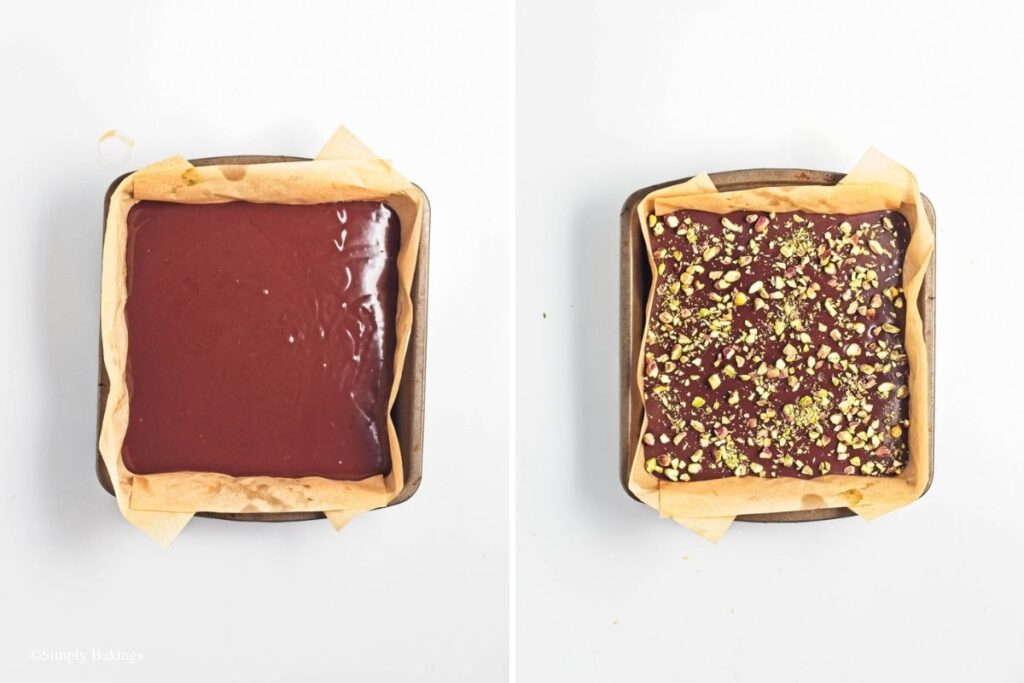 Ganache poured over the pistachio layer