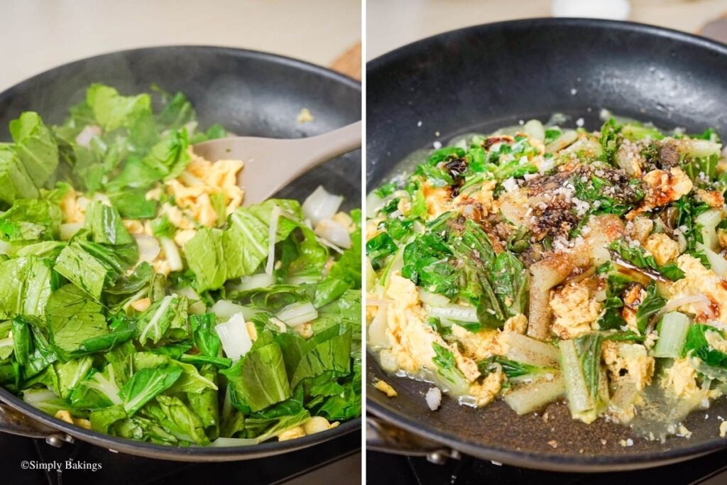 added sliced pechay stems and leaves to the pan and mixed with other ingredients