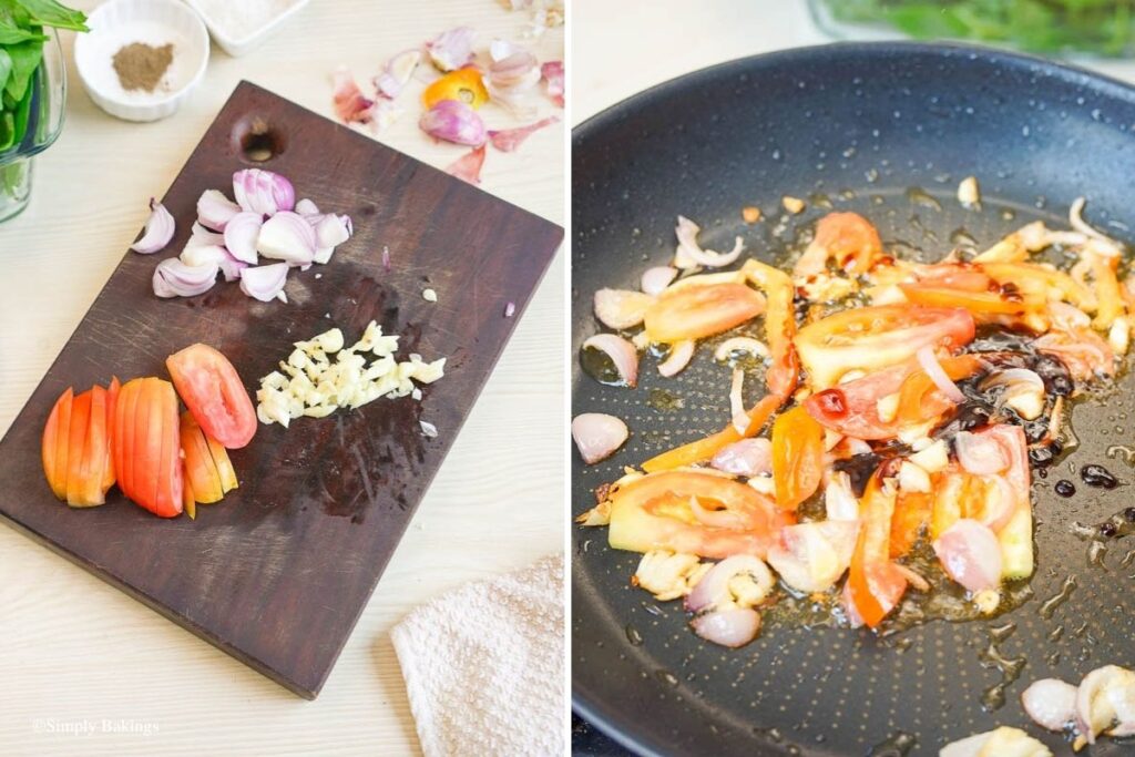 Cooking the chopped onions, tomatoes, and garlic in the pan