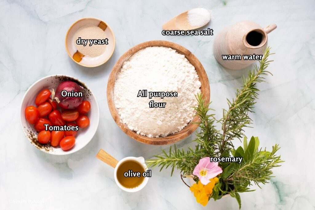 All ingredients for the Focaccia with Tomatoes and Onions