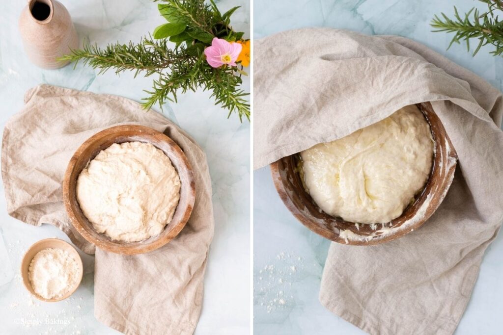 Focaccia bread dough in a bowl
