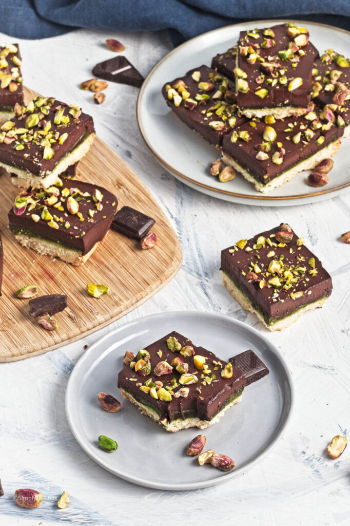 Pistachio Chocolate Bars on a white plate