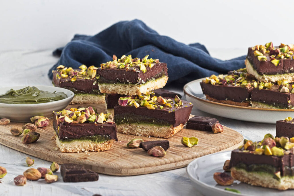 Pistachio Chocolate Bars on a wooden board