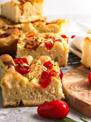 Roasted Tomato Focaccia garnished with rosemary leaves