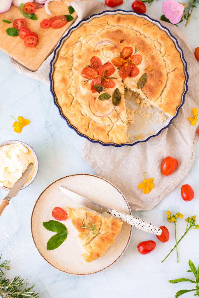 A serving of Focaccia with Tomatoes and Onions