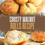a few crusty walnuts rolls on a wooden board