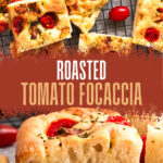 Roasted tomato focaccia slices on wooden board