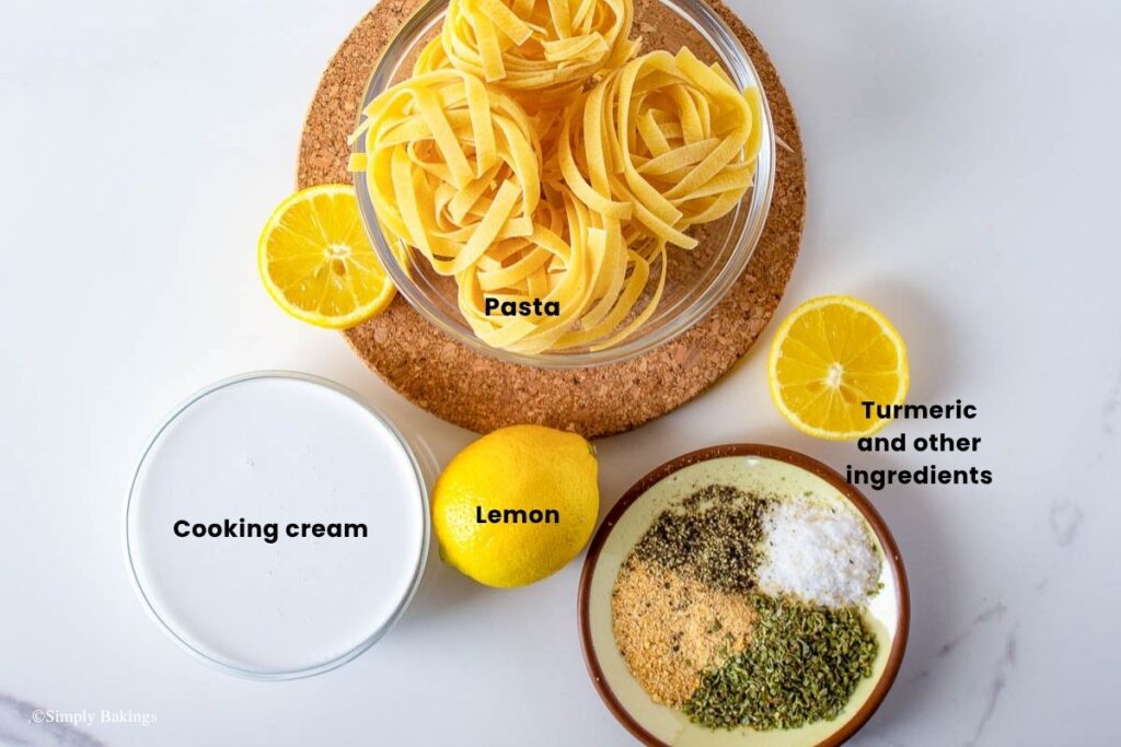 All ingredients for Vegan Lemon Pasta in bowls