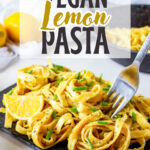 Vegan lemon pasta on a black plate