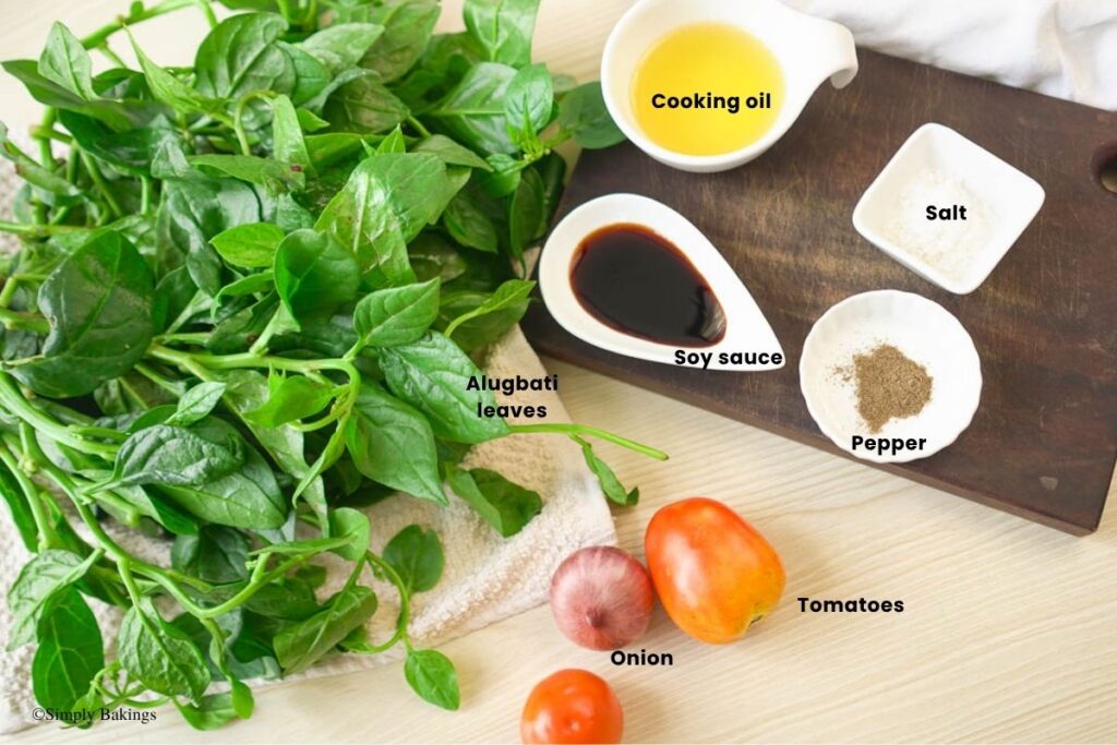All ingredients for Alugbati recipe in bowls