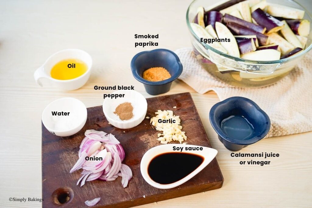 All ingredients for Eggplant Bisteak in bowls