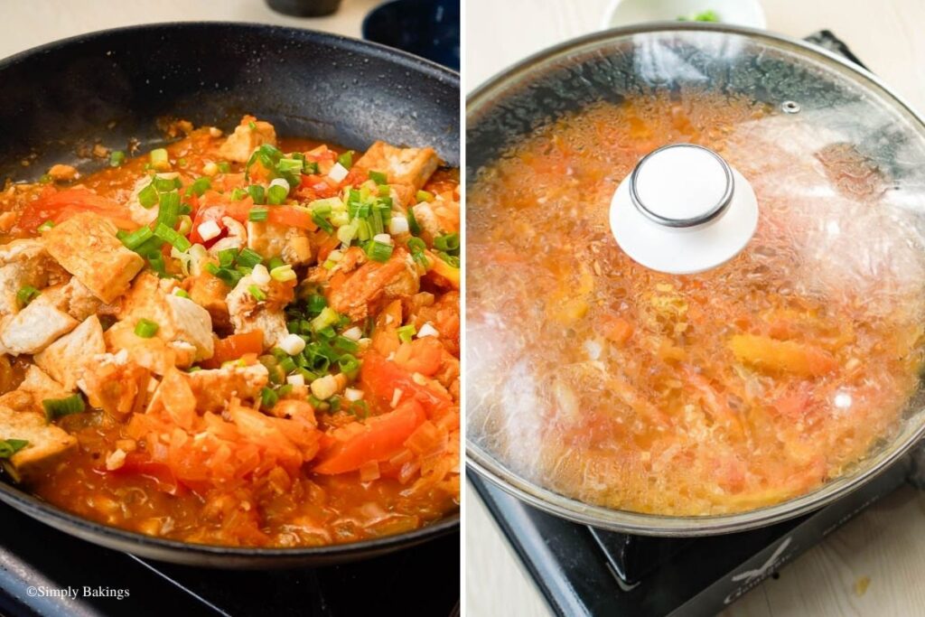 Chopped up vegetables and tofu in a pan