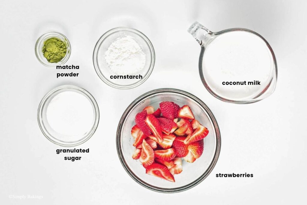 All ingredients for Matcha Strawberry Popsicles in bowls