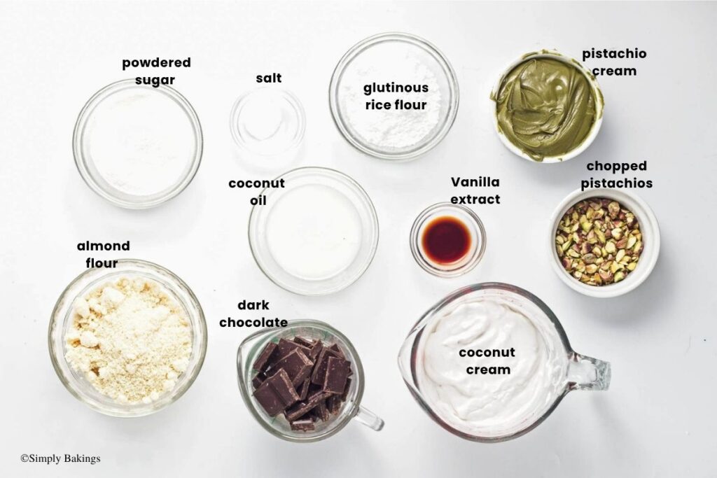 All ingredients for Pistachio Chocolate Bars in separate bowls