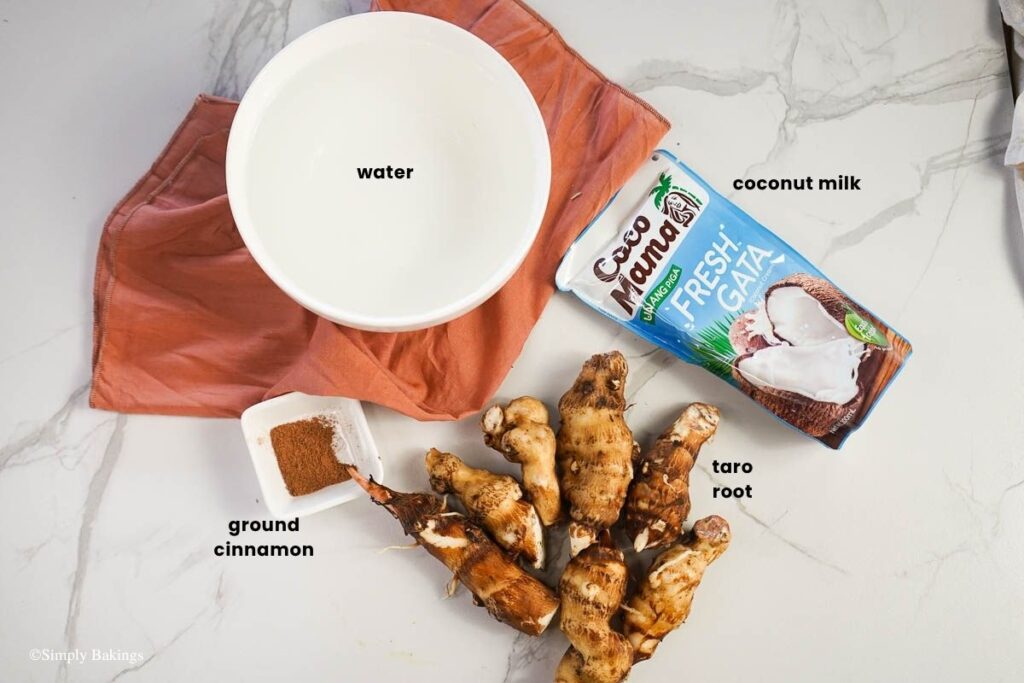 All ingredients for taro recipe on the table