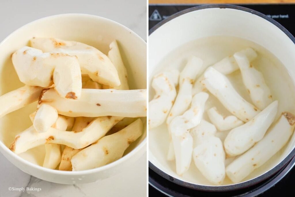 Taro transferred from bowl to pan to boil