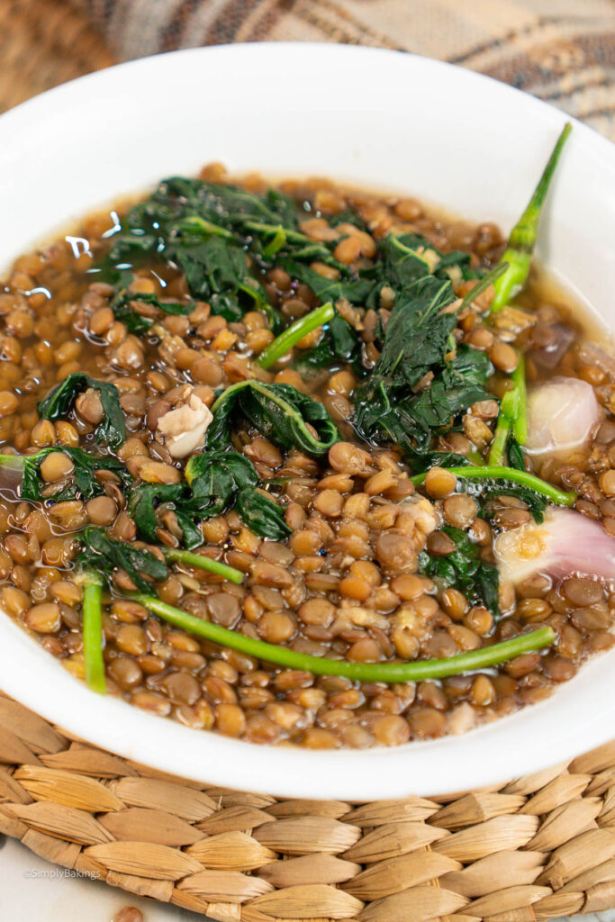 Filipino Lentil Soup in a white bowl