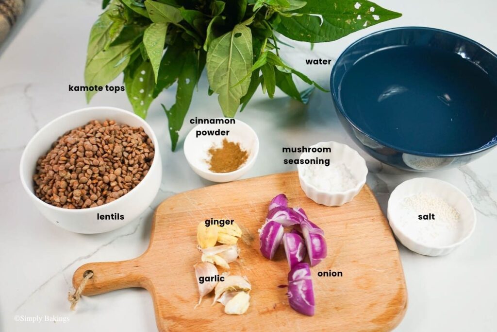 All ingredients for Filipino Lentil Soup in bowls