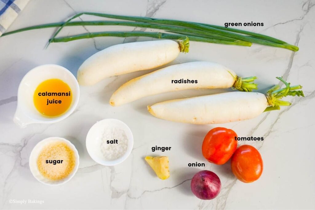 All ingredients for Filipino Radish Salad in bowls