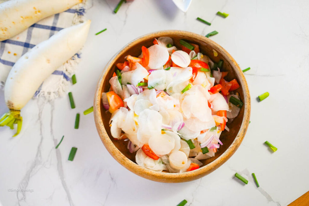 Filipino Radish Salad in a wooden bowl
