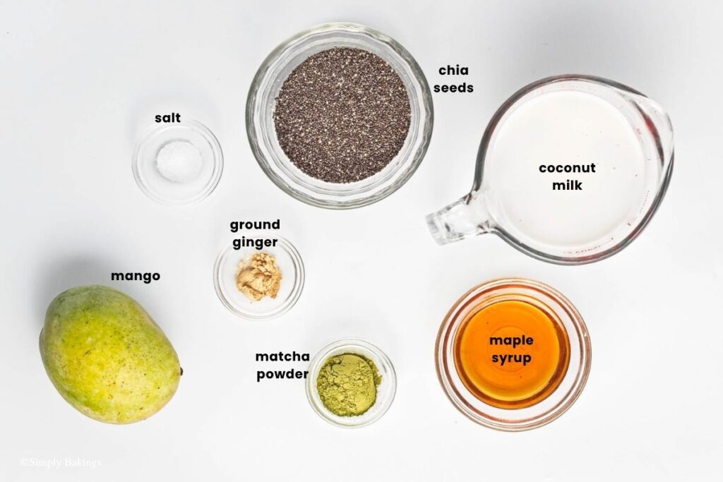 All ingredients for Matcha Mango Chia Pudding in bowls