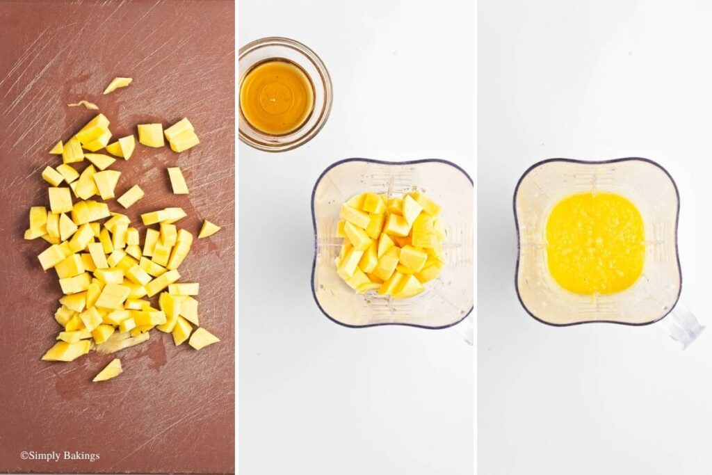Chopped mango mixed into the blender