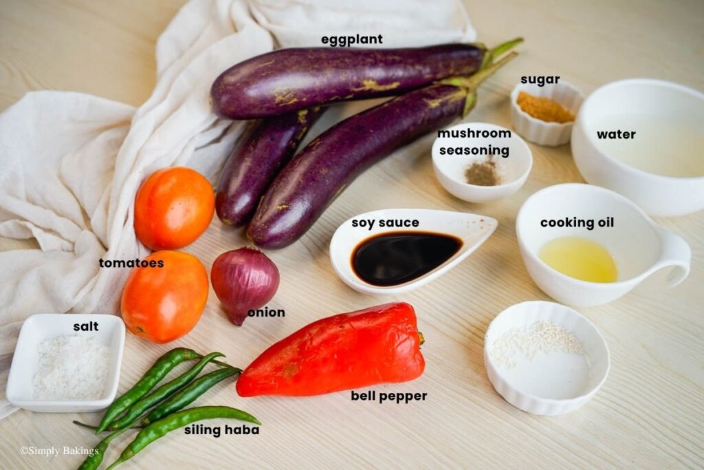 All ingredients for talong paksiw in bowls