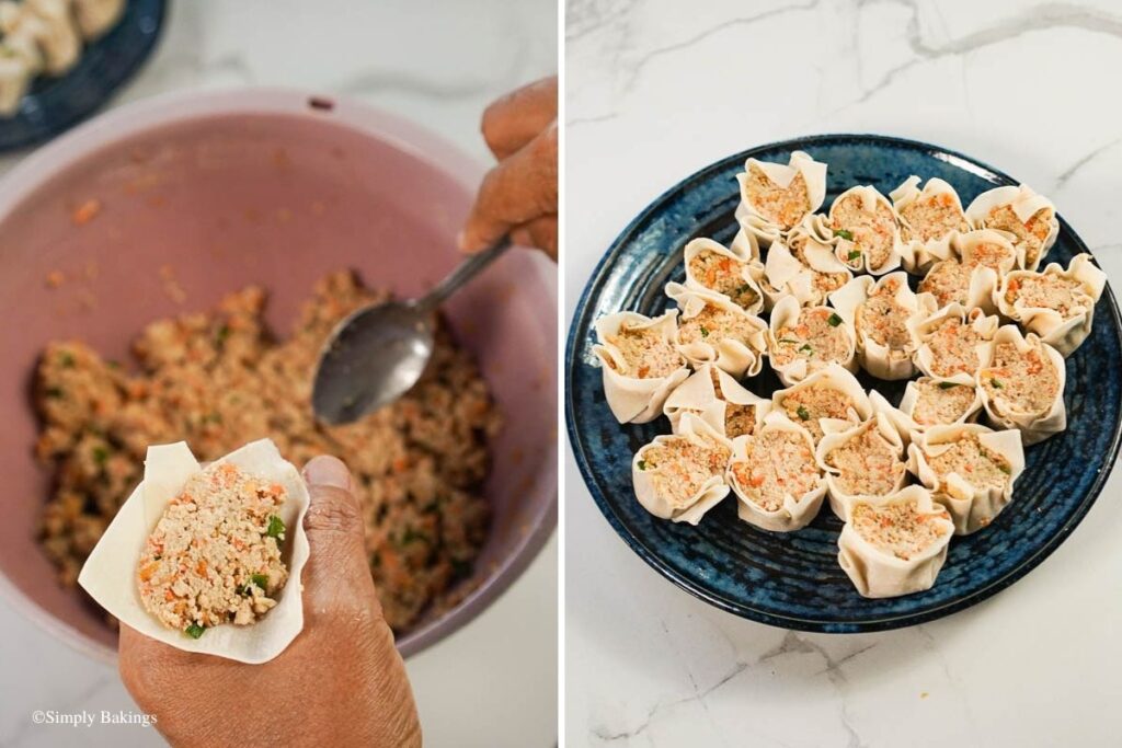 Siomai pieces ready to steam on a plate