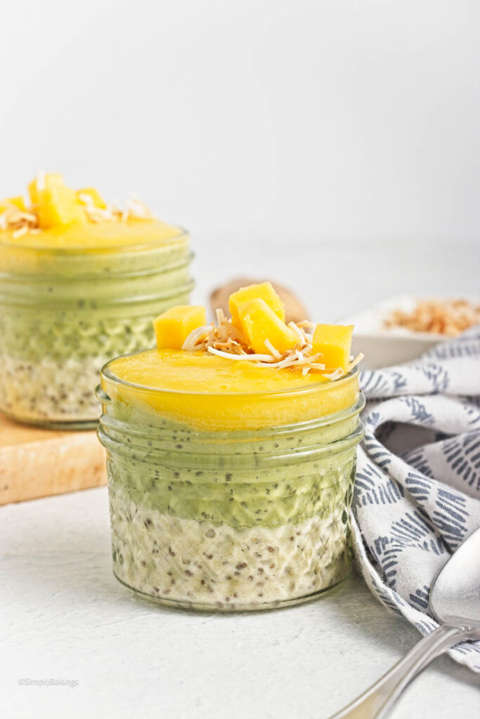Matcha mango chia pudding in a cup