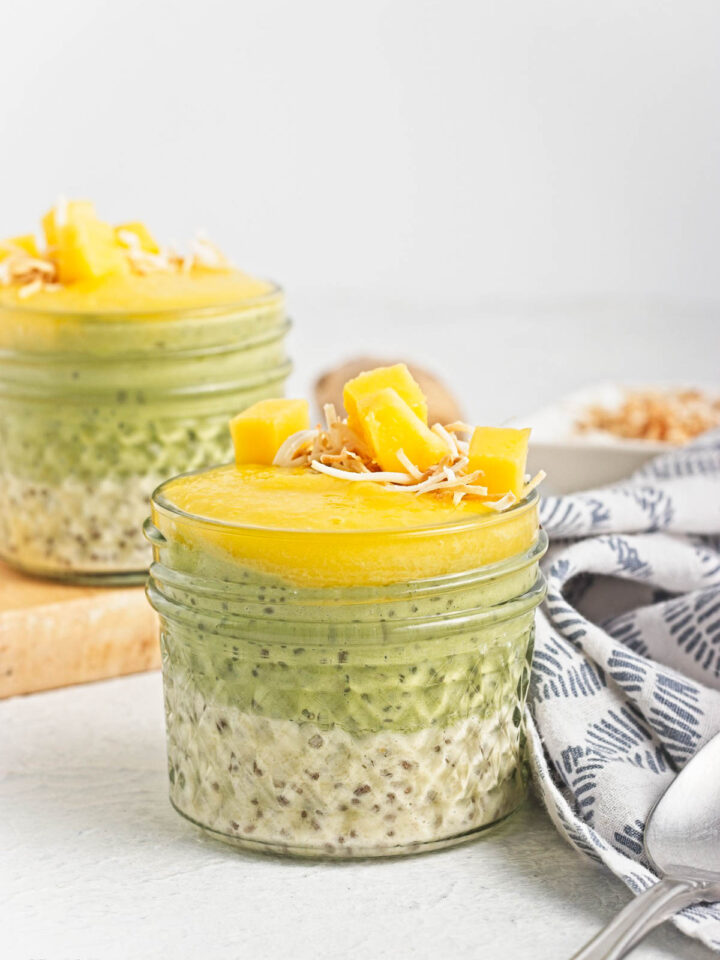 Matcha mango chia pudding in a glass cup