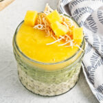 Matcha Mango Chia Pudding in a small glass