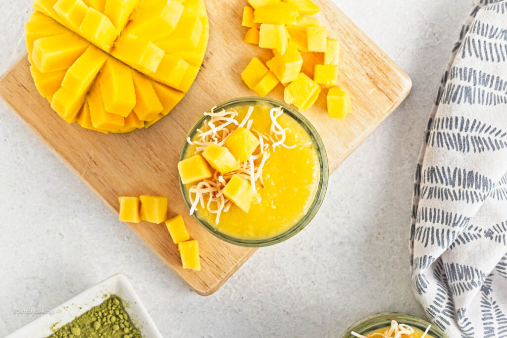 A glass of Matcha mango chia pudding