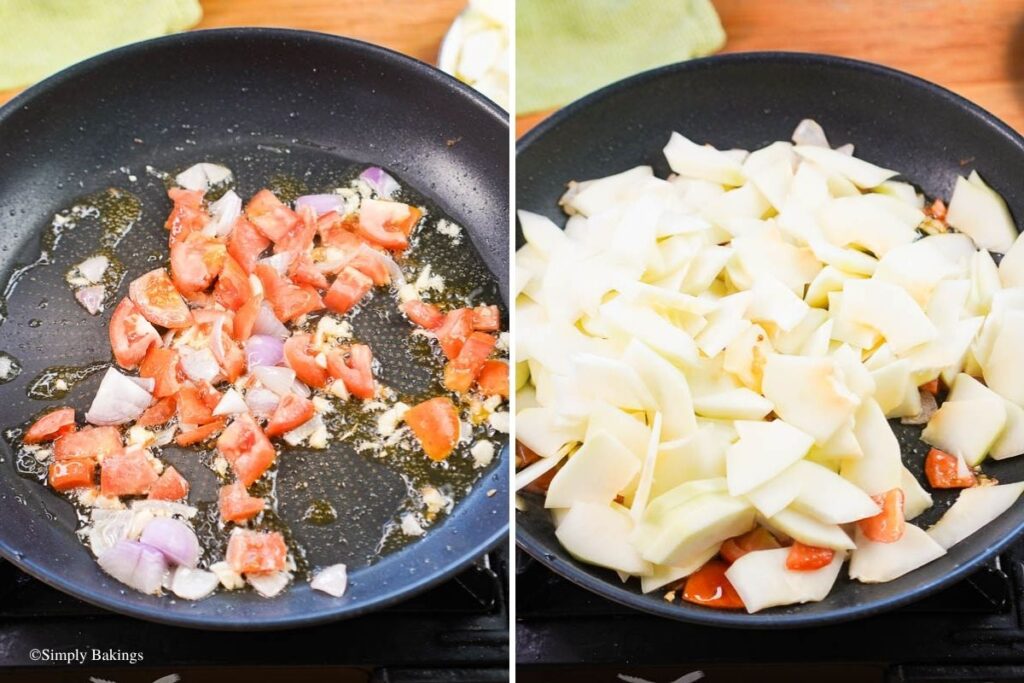 Aromatics and green papaya slices tossed into a frying pan