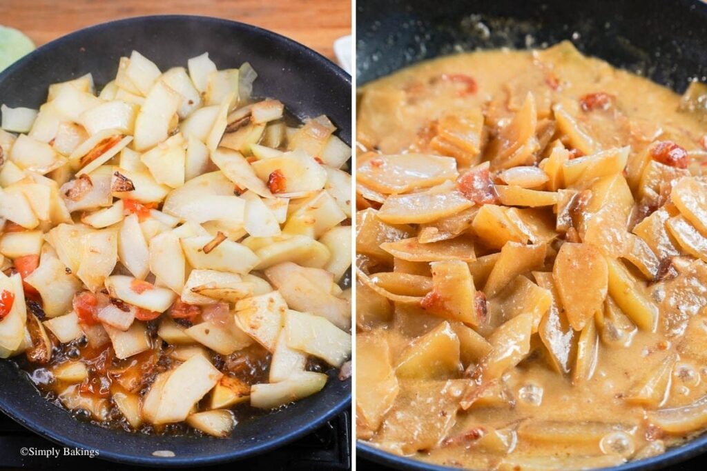 added seasonings and coconut cream to the pan