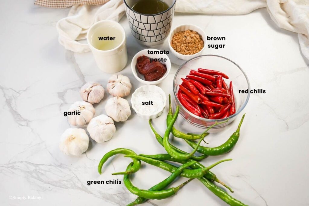 All ingredients for Chili garlic sauce in bowls