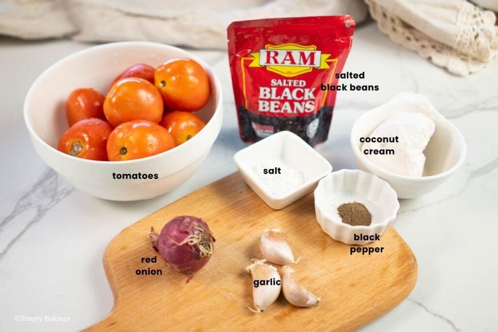 All ingredients for kamatis bagoong in bowls