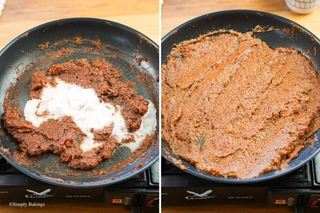 Kamatis bagoong mixture cooking in pan