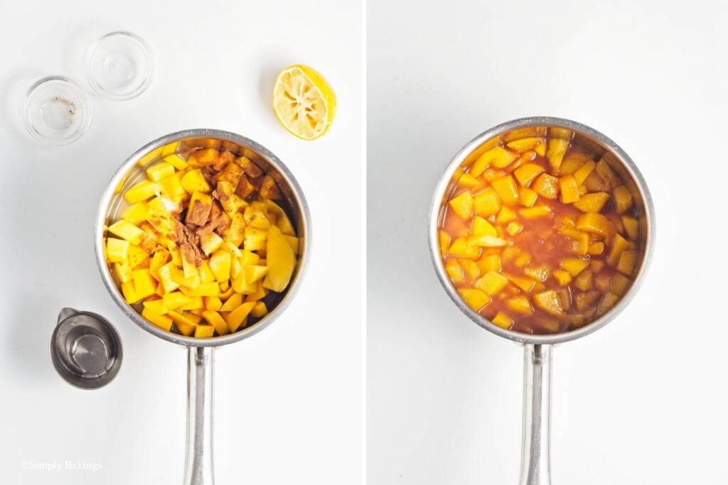Mangoes poured into the pudding mixture