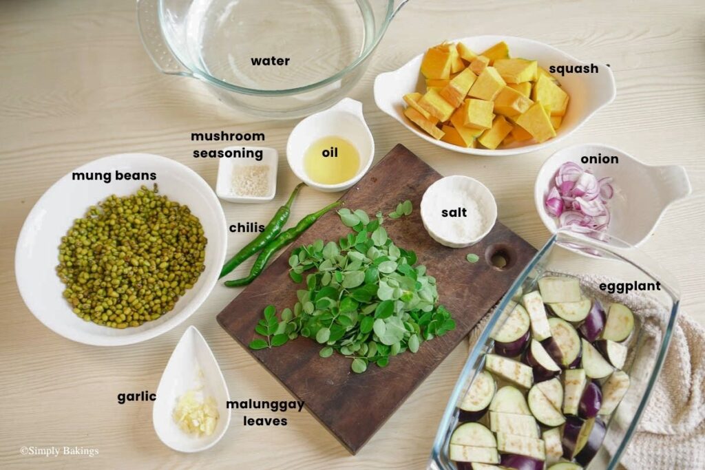 All ingredients for Monggo with Kalabasa recipe in bowls