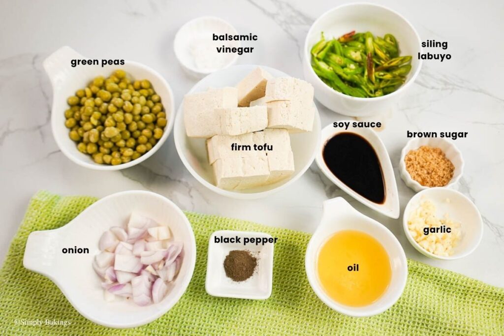 All ingredients for Spicy Balsamic Tofu with Green Peas in bowls