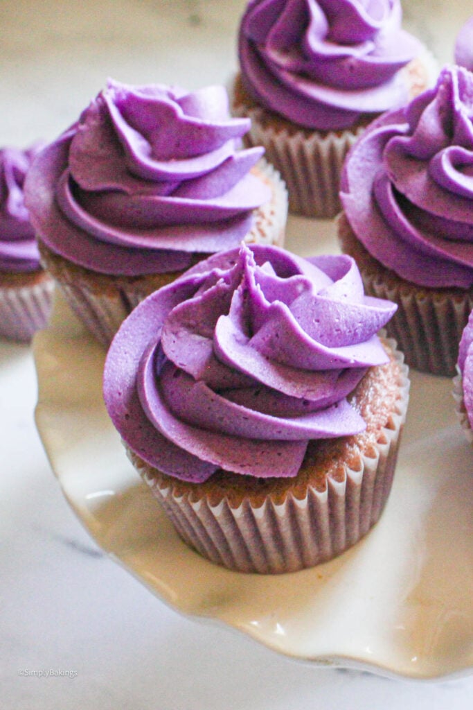 Ube cupcakes arranged on the table