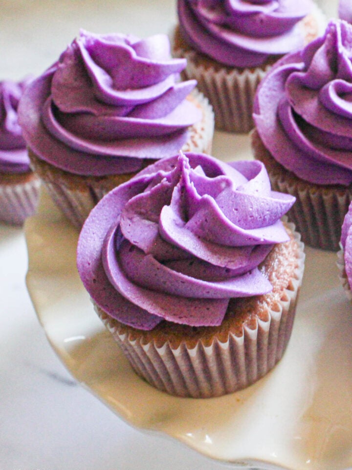 Ube cupcakes arranged on the table