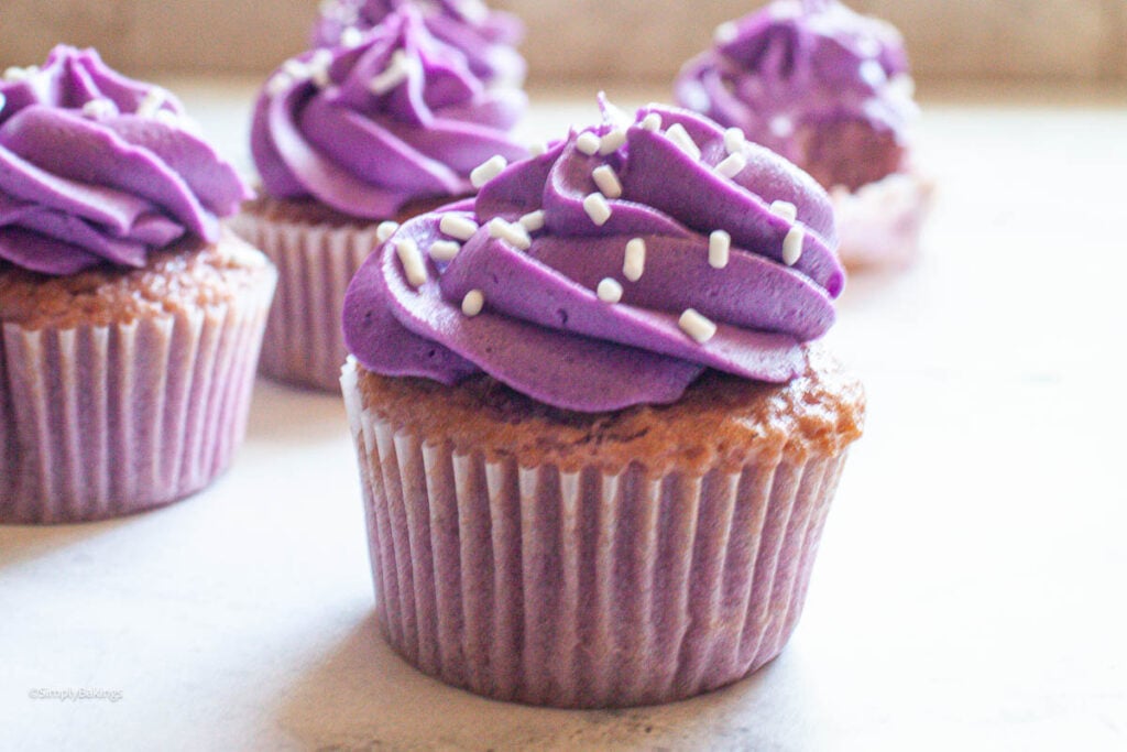 Ube cupcakes with frosting and sprinkles