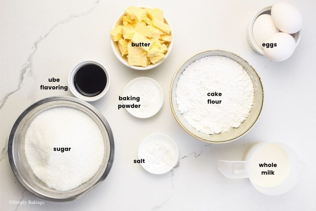 All ingredients for ube cupcakes in bowls