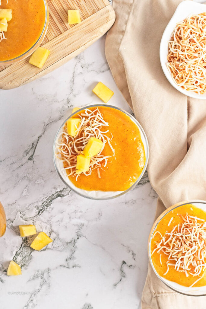 Mango coconut pudding at the table
