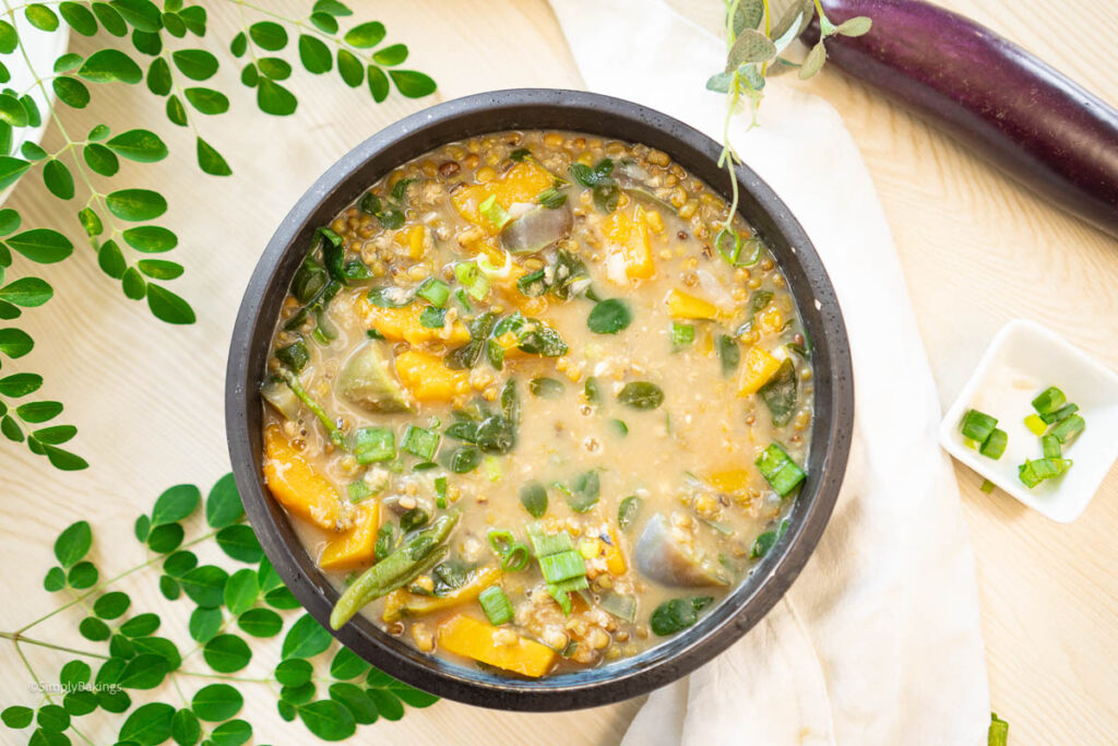 a bowl of monggo with kalabasa ready for serving